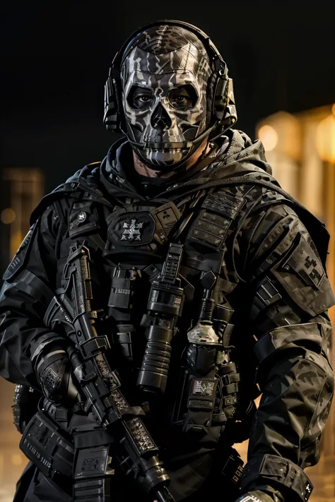 best quality, masterpiece, photography of an elite soldier, nighttime, dark shot, dark theme, moonlight, gh0st wearing (((black uniform))), british special forces, black ops, dark eyes, ghost mask, (arms folded:1.2), dark background, camoulage, black hoodie, black cloak, headphones, vest, looking at viewer, tattoo, dramatic lighting, menacing pose, <lora:gh0st3(0,75)CIVIT:0.85>