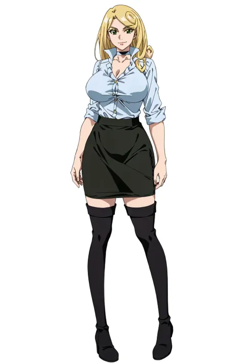 masterpiece, high quality, best quality, 1girl, (muscular:1), muscles, abs, biceps, thighs, obliques, abs lines, naval, thighs, fit, (gigantic breasts:1.0), buffed, (closed mouth, half smile), (full-coverage attire, functional and modest attire:1.5), lizarunecastle, blonde hair, long hair, green eyes, black choker, looking at viewer, black shirt, long skirt, black pencil skirt, black footwear, thigh boots, high heel boots, leggings, (white background, clear background, simple background:1.5), anime screencap, anime key visual, full body, <lora:LizaRunecastle:1.0>