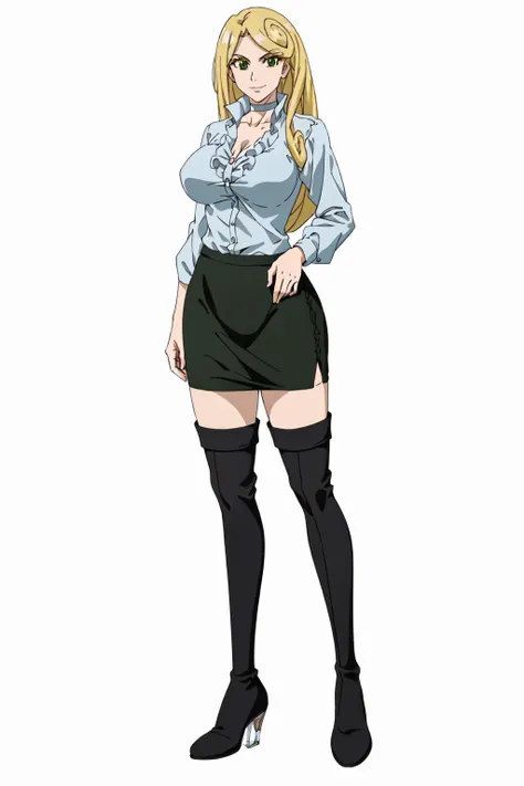 masterpiece, high quality, best quality, 1girl, (muscular:1), muscles, abs, biceps, thighs, obliques, abs lines, naval, thighs, fit, (gigantic breasts:1.0), buffed, (closed mouth, half smile), (full-coverage attire, functional and modest attire:1.5), lizarunecastle, blonde hair, long hair, green eyes, black choker, looking at viewer, black shirt, long skirt, black pencil skirt, black footwear, thigh boots, high heel boots, leggings, (white background, clear background, simple background:1.5), anime screencap, anime key visual, full body, <lora:LizaRunecastle:1.0>