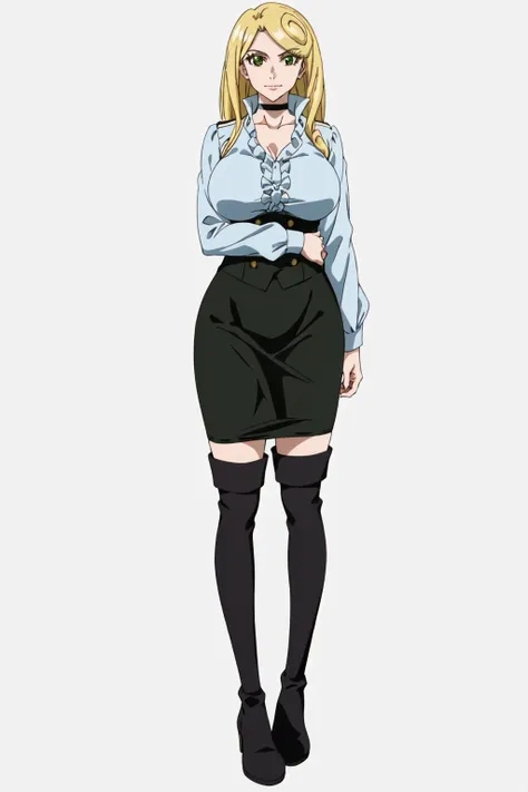 masterpiece, high quality, best quality, 1girl, (muscular:1), muscles, abs, biceps, thighs, obliques, abs lines, naval, thighs, fit, (gigantic breasts:1.0), buffed, (closed mouth, half smile), (full-coverage attire, functional and modest attire:1.5), lizarunecastle, blonde hair, long hair, green eyes, black choker, looking at viewer, black shirt, long skirt, black pencil skirt, black footwear, thigh boots, high heel boots, leggings, (white background, clear background, simple background:1.5), anime screencap, anime key visual, full body, <lora:LizaRunecastle:1.0>