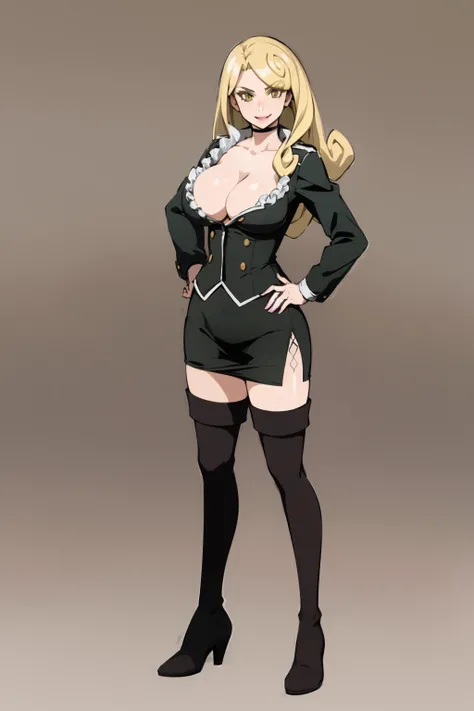 masterpiece, best quality, sonyablade, 1girl,  lizarunecastle, yellow eyes, black choker, blonde long hair, cleavage, side slit, black shirt, full body, hand on hip,  large breasts, long sleeves, looking at viewer, miniskirt, black pencil skirt, smile, solo, standing, black footwear, thigh boots, high heel boots,  thighhighs,  zettai ryouiki, solo,  simple background