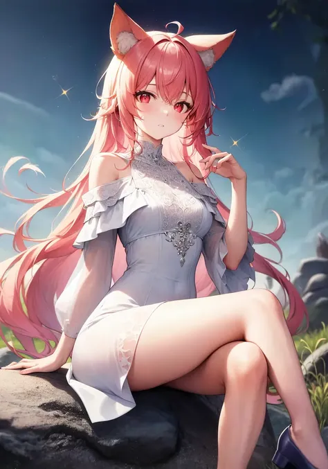 absurdres,colorful,(best quality), ((masterpiece)), (highres), original, extremely detailed 8K wallpaper,detailed background,Lovely face,messy_hair,floating hair,complex background,Delicate facey, intricate detail,Fox ears,Pink hair,1girl,sparkle,Red eyes,glowing light,crossed legs,watercolor (medium),brook,Sit on a stone,((transparency):1.7\ white_off-shoulder dress), flower pattern in dress,long hair,