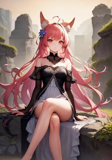 absurdres,colorful,(best quality), ((masterpiece)), (highres), original, extremely detailed 8K wallpaper,detailed background,Lovely face,messy_hair,floating hair,complex background,Delicate facey, intricate detail,Fox ears,Pink hair,1girl,sparkle,Red eyes,glowing light,crossed legs,watercolor (medium),brook,Sit on a stone,((transparency):1.7\ white_off-shoulder dress), flower pattern in dress,long hair,