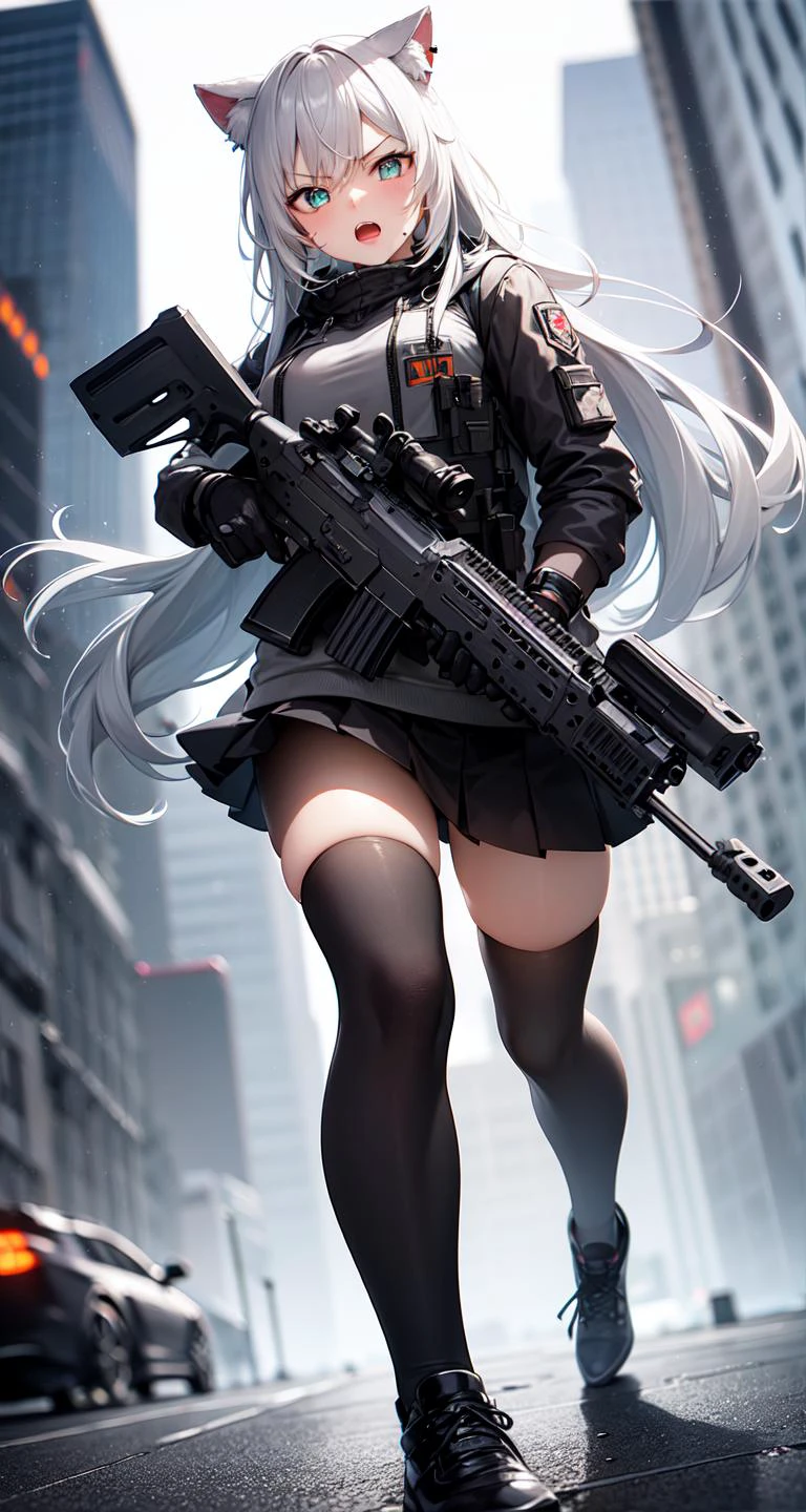 masterpiece, best quality, depth of field, (motion blur:1.5), lens flare, symmetry, colorful,
(wide shot, close-up:1.2),from below,
(1girl:1.2),white hair,long hair, aqua eyes, glowing eyes, hair ornament, cat ears, running, floating hair, hooded jacket, pleated skirt, (transparent :1.2 white thighhighs), sunglasses, tactical vest, tactical glasses, wet,
weapon, solo, gun, holding, holding weapon, holding long gun, (assault rifle, long gun, aiming:1.2), magazine \(weapon\), tactical gunstock, gun barrel, AR gun fishbone, H&K416AR,
@_@, angry, open mouth,
sky, cloud, science fiction, sci-fi, digital, galaxy, space, war, (city, cyberpunk, skyscraper:1.2),rain, wet floor,
<lora:H&K416AR-v3-000004:0.6>