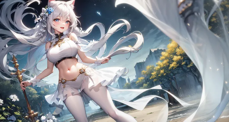 masterpiece, best quality, detailed background, scenery, nature,
1girl, standing, colorful,evil smile, open mouth,
(1girl:1.2), large breasts, white hair, long hair, aqua eyes, glowing eyes, flower hair ornament, cat ears, floating hair, [(white serafuku:1.2)|(sailor collar:1.2)|(white wedding dress:1.05)|(transparent:1.4)],(white see-through),(white transparent clothes:1.3), open chest, white open navel clothes,(navel:1.1), bare shoulders, [(pleated skirt:1.2)|(tight miniskirt:1.05)|(suspenders:1.05)|(transparent:1.4)], white pantyhose, [(white mary janes:1.1)|(white 10cm high heels:1.05)],