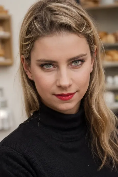 <lora:hartlova:1>,hartlova,lipstick,eyeliner,38yo,working in a bakery,red sweater and black pants,, <lora:add_detail:1>, photorealistic photo,highly detailed 8k photo,hyperrealism,, Fujifilm X-T3,1/1250sec at f/2.8,ISO 160,84mm,RAW photo,Uplight,wide shot,ideal face template,film grain,distance from camera,RAW Photo, DSLR,