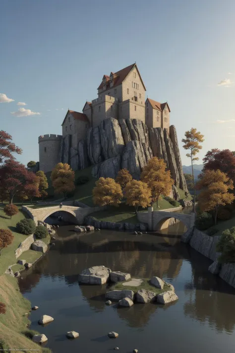 A view of a castle on a hill with a river in front of it - SeaArt AI
