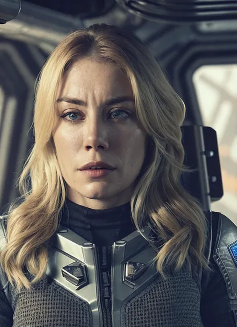 close up photo of sks woman, rugged space trucker, inside industrial spaceship, futuristic science fiction, action scene, digital concept art, realistic, intricate detailed textures, filmic, cinematic, environmental character portrait, <lora:locon_jenniferholland_v1_from_v1_64_32:1.25>