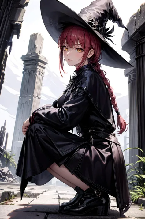 (masterpiece, best quality, detailed), 1girl, solo, looking at viewer, hat,
<lora:makima_v1:0.8>, makima, ringed eyes, long hair, bangs, braided ponytail, sidelocks, <lora:edgBlackMage:1>, edgBlkMage, wearing edgBlkMage, ruins, overgrown, rubble, pillar, outdoors, building, light rays, fog, squatting, from side, smile, closed mouth