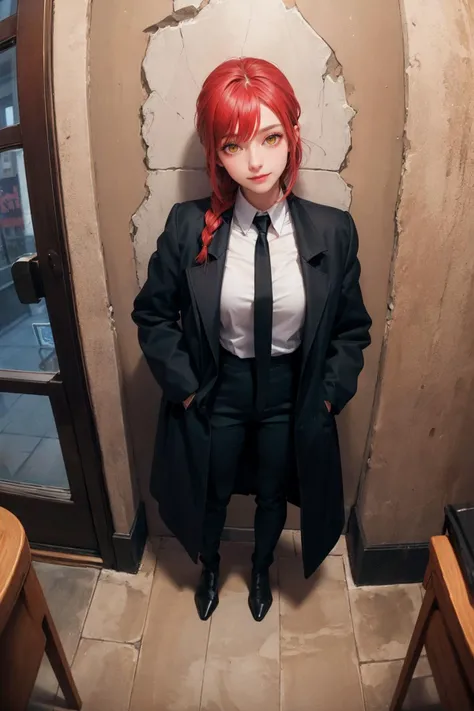 (masterpiece, best quality, detailed),1girl,solo,makima,ringed eyes,long hair,bangs,braided ponytail,sidelocks,looking at viewer,
long coat,collared shirt,necktie,black pants,indoors,((prison)),stone wall,prison cell,stone floor,dungeon,dark,standing,hands in pockets,from above,(fisheye),close-up,evil smile,closed mouth,wide-eyed,<lora:makima_v1:0.8>,