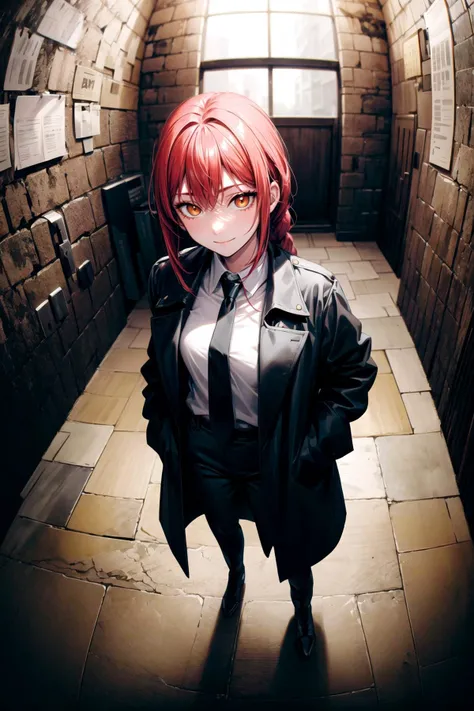 (masterpiece, best quality, detailed), 1girl, solo, makima, ringed eyes, long hair, bangs, braided ponytail, sidelocks, looking at viewer,
long coat, collared shirt, necktie, black pants, indoors, ((prison)), stone wall, prison cell, bars, stone floor, dungeon, dark, standing, hands in pockets, from above, (fisheye), close-up, evil smile, closed mouth, wide-eyed,