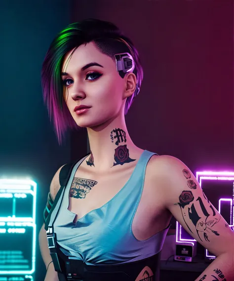 a woman, posing, by conor harington <lora:JudyA:1>, (Cyberpunk), futuristic, neon, urban, dystopian