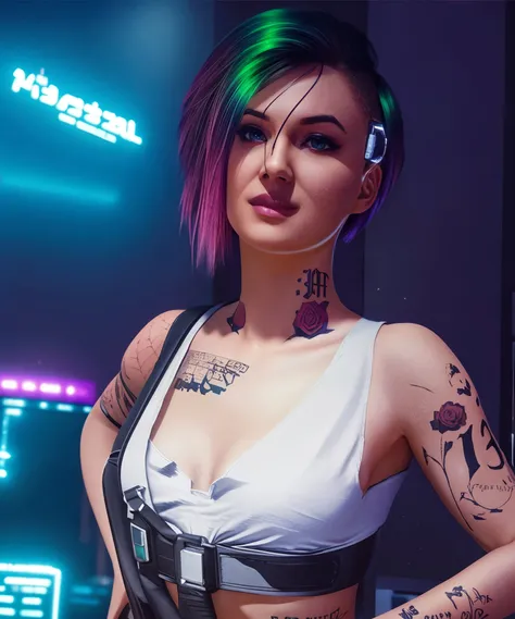 a woman, sexy, perfect breast, posing, by conor harington <lora:JudyA:1>, neon lights , dystopian city , hackers , by Josan Gonzalez , Simon Stalenhag , Maciej Rebisz , Mike Winkelmann (Beeple) , Darek Zabrocki