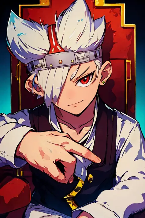 (masterpiece, top quality, best quality, beautiful, and aesthetic:1.2) (masterpiece, top quality, best quality, beautiful, and aesthetic:1.2) portrait shot, spect3r, white hair, 1boy, posing, slight smile, white hair, hair over one eye, <lora:spect3r-000010:1>