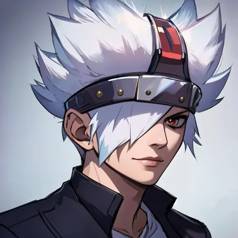 (masterpiece, top quality, best quality, beautiful, and aesthetic:1.2) (masterpiece, top quality, best quality, beautiful, and aesthetic:1.2) portrait shot, spect3r, white hair, 1boy, posing, slight smile, white hair, hair over one eye, <lora:spect3r-000010:1>
