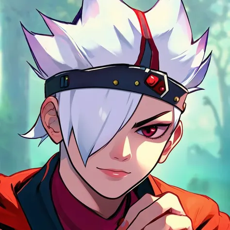 (masterpiece, top quality, best quality, beautiful, and aesthetic:1.2) (masterpiece, top quality, best quality, beautiful, and aesthetic:1.2) portrait shot, spect3r, white hair, 1boy, posing, slight smile, white hair, hair over one eye, <lora:spect3r-000010:1>