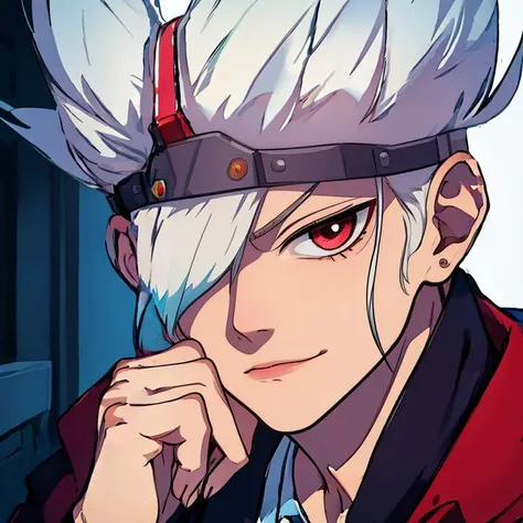 (masterpiece, top quality, best quality, beautiful, and aesthetic:1.2) (masterpiece, top quality, best quality, beautiful, and aesthetic:1.2) portrait shot, spect3r, white hair, 1boy, posing, slight smile, white hair, hair over one eye, <lora:spect3r-000010:1>