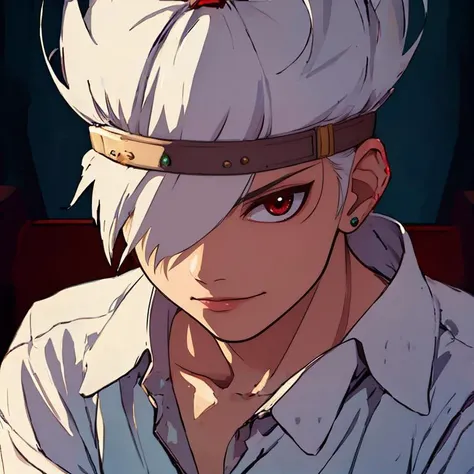 (masterpiece, top quality, best quality, beautiful, and aesthetic:1.2) (masterpiece, top quality, best quality, beautiful, and aesthetic:1.2) portrait shot, spect3r, white hair, 1boy, posing, slight smile, white hair, hair over one eye, <lora:spect3r-000010:1>