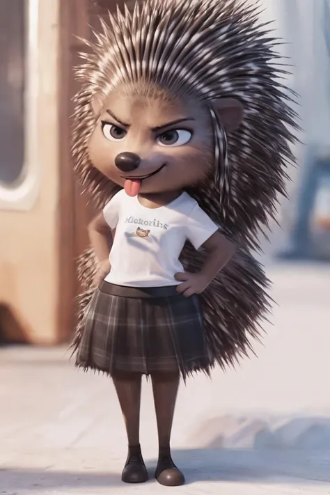 (by qupostuv35:1.2), female, (Detailed face), (solo:1.1), (more details:1.1), ((anthro, humanoid)), [(thin:1.1) : small petite : (ash porcupine:1.2):4], (Detailed face), (anthropomorphic legs, anthropomorphic hands:1.1), (solo), (detailed background:1.1), print on t-shirt, skirt, smile, protruding tongue, (angry), <lora:Ash_V1:0.7>