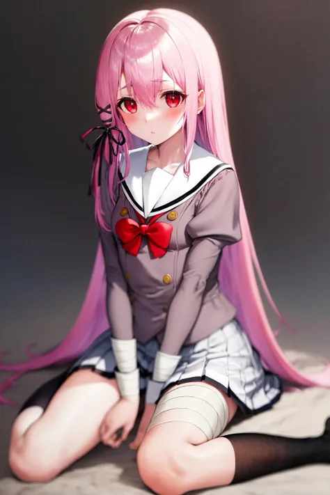 masterpiece, best quality, highres, 1girl kisara hair ribbon, grey serafuku red bow white skirt, bandaged leg, black socks, kneehighs <lora:kisara:1> sitting, wariza