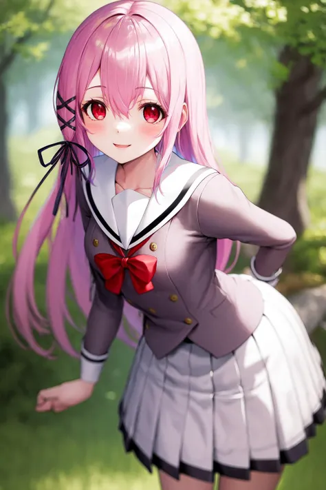 masterpiece, best quality, highres, 1girl kisara hair ribbon, grey serafuku red bow white skirt <lora:kisara:1> standing, leaning forward, smile
