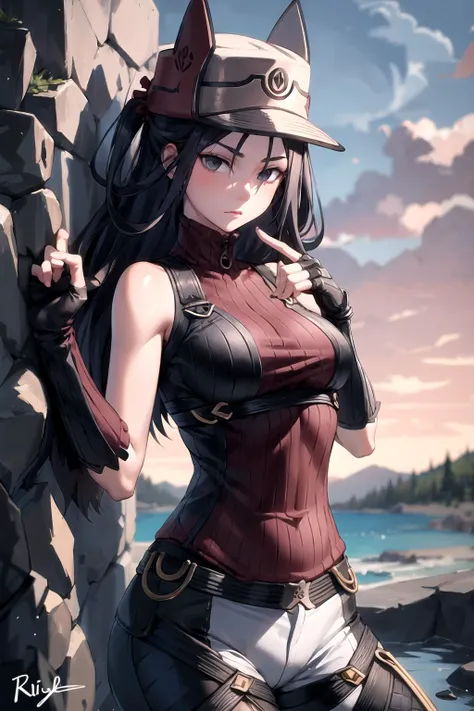 <lora:kaischulen-nvwls-v1:1>, kai schulen, hat, ribbed sweater, sleeveless, pants, fingerless gloves, best quality, masterpiece, highres