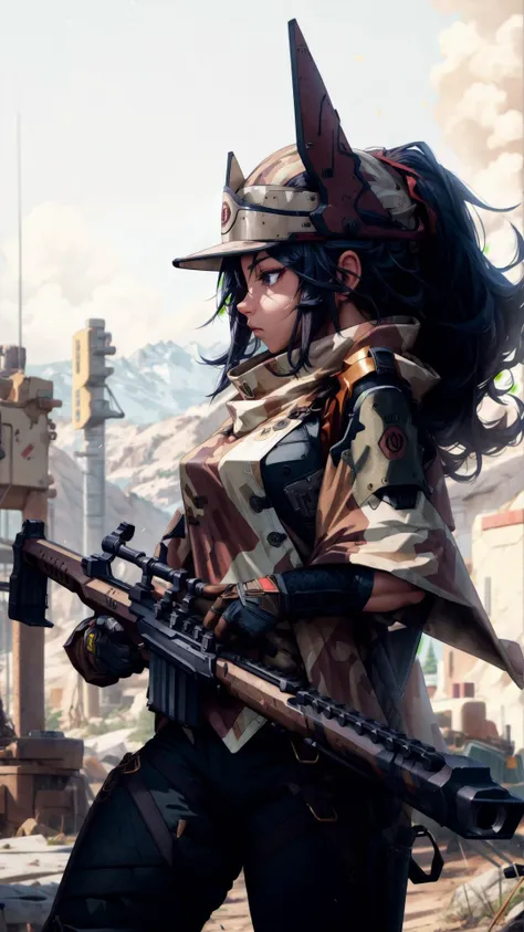 <lora:kaischulen-nvwls-v1:0.7> kai schulen, hat, poncho, pants, fingerless gloves, hat, ribbed sweater, sleeveless, pants, fingerless gloves, visor cap, BREAK, <lora:50CaliberV2:0.5> 50Caliber, sniper rifle, weapon, gun, holding weapon, sniper rifle, aiming, masterpiece, best quality, extremely detailed, highly quality, 4k, sharp focus, professional, sharp focus, award winning, cinematic lighting, octane render, unreal engine, volumetrics dtx, Wallpaper,