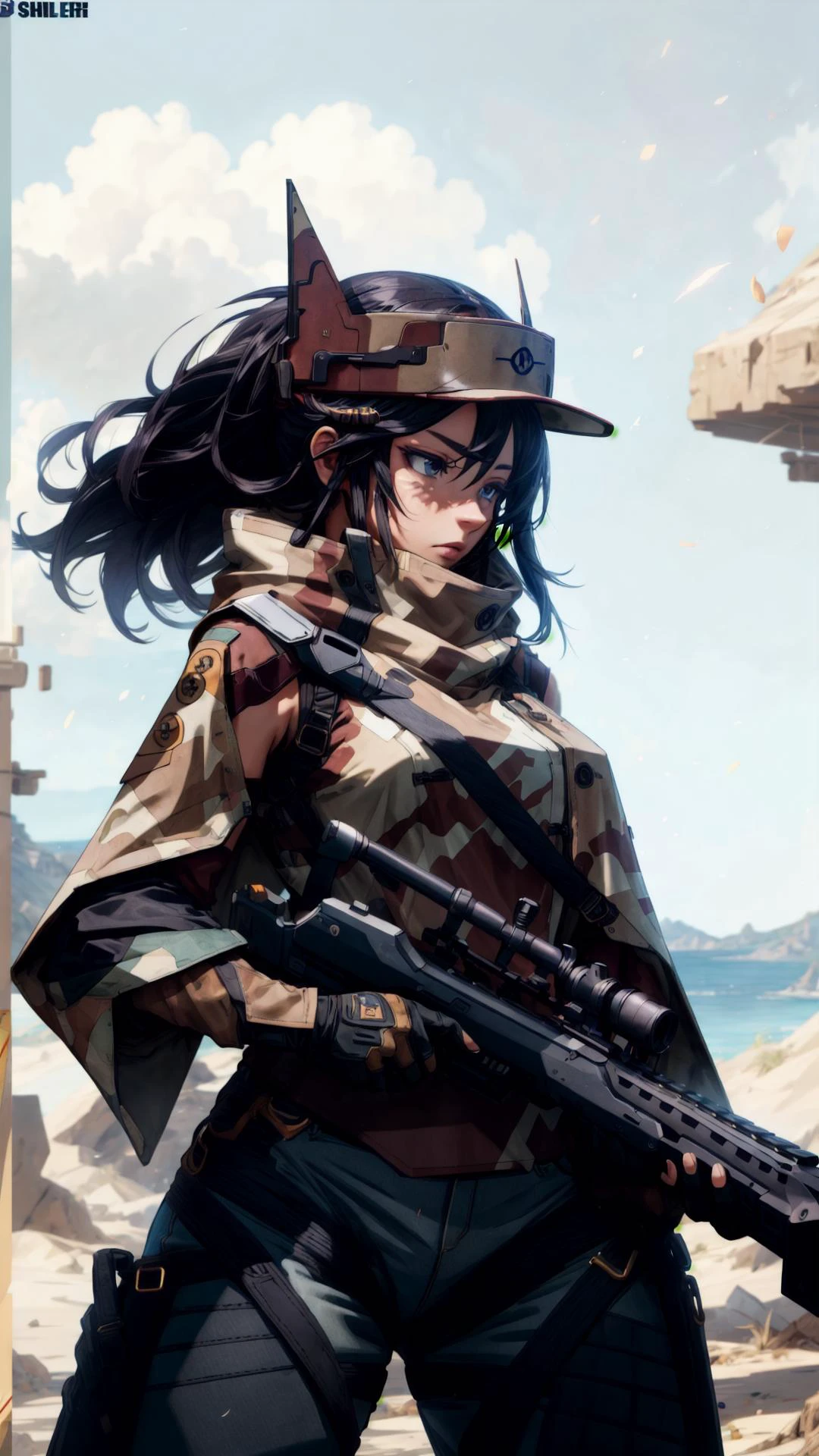 <lora:kaischulen-nvwls-v1:0.7> kai schulen, hat, poncho, pants, fingerless gloves, hat, ribbed sweater, sleeveless, pants, fingerless gloves, visor cap, BREAK, <lora:50CaliberV2:0.5> 50Caliber, sniper rifle, weapon, gun, holding weapon, sniper rifle, aiming, masterpiece, best quality, extremely detailed, highly quality, 4k, sharp focus, professional, sharp focus, award winning, cinematic lighting, octane render, unreal engine, volumetrics dtx, Wallpaper,