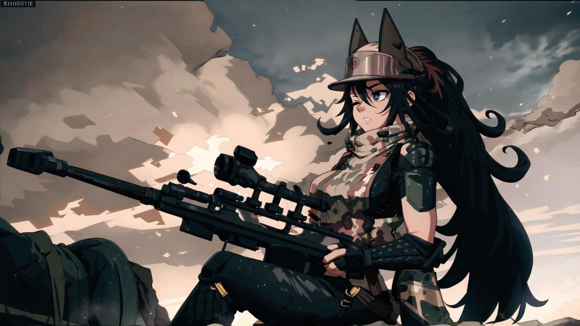 <lora:kaischulen-nvwls-v1:0.8> kai schulen, hat, poncho, pants, fingerless gloves, hat, ribbed sweater, sleeveless, pants, fingerless gloves, visor cap, one eye closed, BREAK, <lora:50CaliberV2:0.8> 50Caliber, sniper rifle, weapon, gun, holding weapon, camouflage, sniper rifle, masterpiece, best quality, extremely detailed, highly quality, 4k, sharp focus, professional, sharp focus, award winning, cinematic lighting, octane render, unreal engine, volumetrics dtx, Wallpaper,