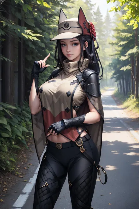 masterpiece, best quality, <lora:kaischulen-nvwls-v1-000009:0.8> kai kai schulen, hat, poncho, pants, fingerless gloves, large breasts, standing, road, forest, looking at viewer, slight smile