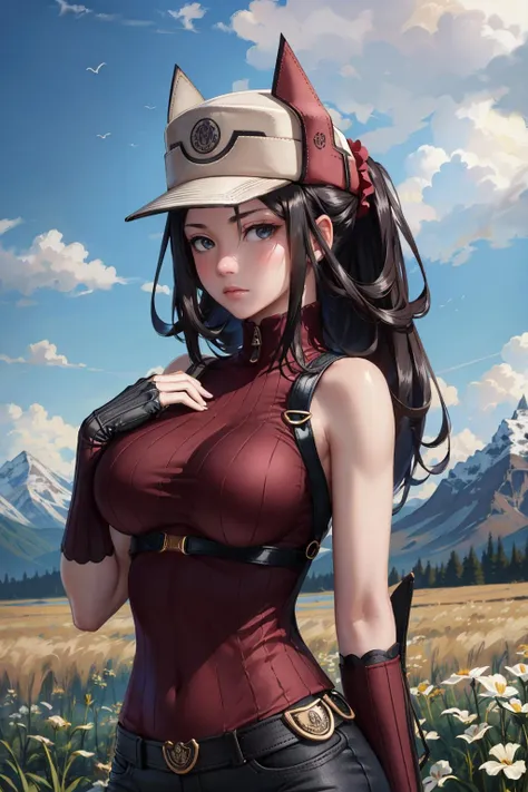 masterpiece, best quality, <lora:kaischulen-nvwls-v1-000009:0.9> kai schulen, hat, ribbed sweater, sleeveless, pants, fingerless gloves, large breasts, looking at viewer, upper body, emotionless, mountains, field, sky, clouds