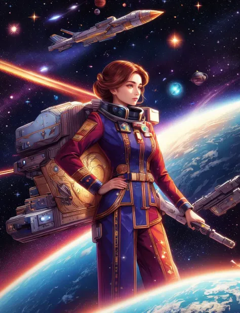 DonM0m3g4, illustration, female spacefaring civilization- extravagantly adorned being wearing sophisticated space-faring uniforms and insignias, , pistol, <lora:DonM0m3g4-000006:0.8>