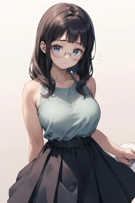<lora:add_brightness:0.5><lora:add_detail:0.5> <lora:concept-shortbangs:1>1 woman,solo focus, large breast, embarrassed,white camisole, white skirt,
blush, blunt bangs,hime cut, black hair, glasses,
cowboy shot, pov,
simple background,