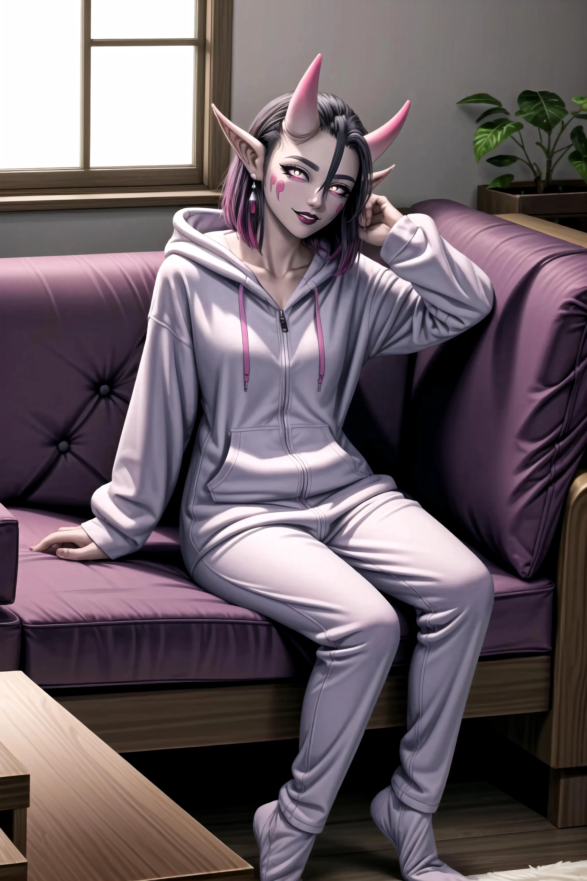 masterpiece, best quality, <lora:LCM_LoRA_Weights_SD15:1>, herzhax <lora:HerzhaX_V2:0.8>, oni horns, pink sclera, slit pupils, hoodie-footie pjs <lora:onesie-footie-10:0.6>, hood down, slippers, sitting, looking afar, leaning back, resting, smile, couch, living room