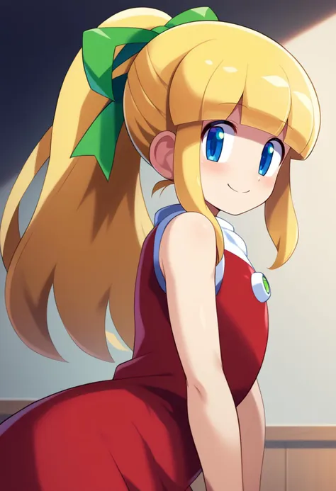 score_7_up, hd, (ultra hd quality details), indoors,
solo, 1girl, Roll (Mega man), blue eyes, sidelocks, blonde hair, long hair, (blunt bangs), hair ribbon, green ribbon, ponytail, 
sleeveless dress, red dress,
looking at viewer, blush, closed mouth, smile,
from side,
<lora:_konpeto_style-elesico-pony:1>  <lora:RollMegamanPonybyRR:0.55>