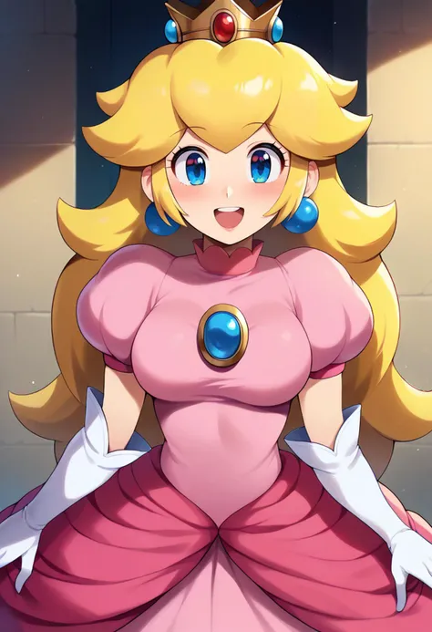 score_7_up, hd, (ultra hd quality details), indoors,
solo, 1girl, princess peach, crown, medium breasts,
crown, dress, gem, gloves, pink dress, puffy short sleeves, puffy sleeves, short sleeves, white gloves,
looking at viewer, blush, open mouth, teeth, smile, 
standing,
<lora:_konpeto_style-elesico-pony:1>  <lora:princess-peach-ponyxl-lora-nochekaiser:0.9>