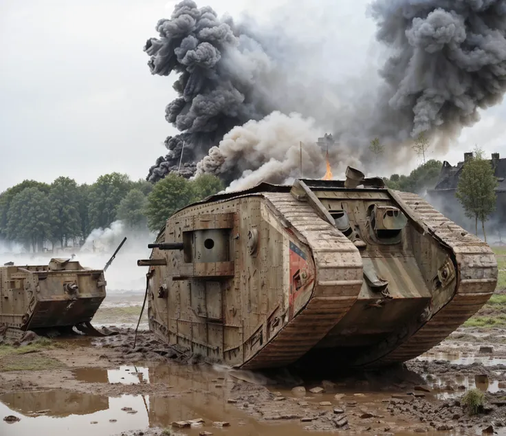 RAW photo, WW1, a military mkiv17 with camouflage and a group of British soldiers running, white numbers and a British flag painted on mk1iv7 side, (union jack:1.3), moving through a muddy field under heavy rain, thunderclouds, distant explosions, the great war, heroism, patriotism, propaganda, inspirational, Verdun, Ypres, Passchendaele, ashes, artillery, smoke, mist, chaos, fire, zoomed out, war photography, smoke, craters, ruins, cinematic, depth of field, mud projection, 8k uhd, dslr, soft lighting, high quality, film grain, Fujifilm XT3, ultra-realistic, metallic, reflection, <lora:mkiv17_v1:1>, sharp focus, <lora:add_detail:0.55>