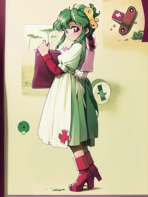 <lora:plum:1>, plum, 1girl, solo, green hair, long hair, retro artstyle, 1990s (style), clipboard, full body, red eyes, holding, high heels, nurse, dress, smile, ponytail,
hospital in the room,
masterpiece, high quality, very_high_resolution, large_filesize, full color,
