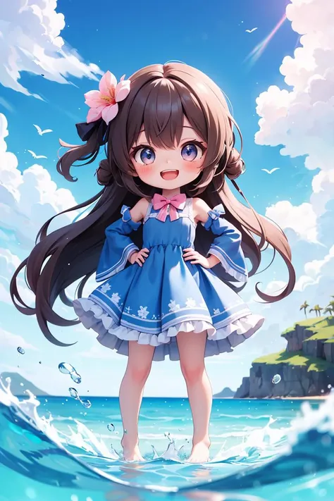 masterpiece,best quality,absurdres,(chibi),masterpiece,best quality,dramatic, 1girl, solo, long hair, brown hair, detached sleeves, open mouth, smile, outdoors, water, sky, day, hand on hip, hair ornament, pointing, cloud, ocean, dress, blush, blue dress, wading, blue sky, bow, standing, :d, frills, beach, bangs, barefoot, hair flower, skirt, ^_^, facing viewer, bowtie, teeth,<lora:GoodHands-vanilla:1>,