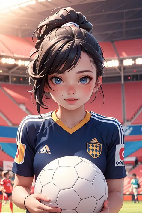 ((best quality)),((masterpiece)),(detailed),chibi,beautiful:1.2, (cute:1.3) (curvy:0.7), female soccer player in a crowded stadium, soccer ball, (smiling:0.7), detailed skin, (realistic skin:1.2), (freckles:0.9), blue eyes, full lips, broad cheek, masterpiece, ultra realistic, realistic light, (saturation),  <lora:GoodHands-vanilla:1>,