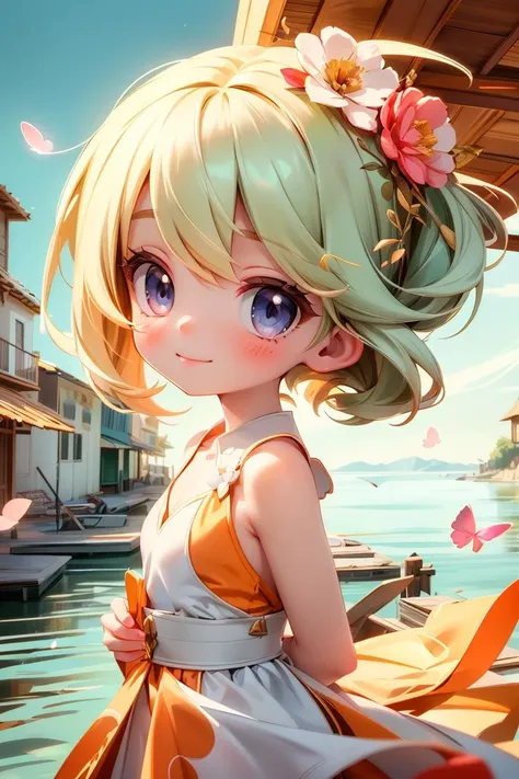 Cowboy Shot,beautiful and detailed illustration,pop art,masterpiece,best quality,ultra-detailed,soft lighting,<lora:add_detail:0.3>,1girl,chibi,mlpfluttershy,slight smile,looking at viewer,arms behind back,hair flower,dress,glossy eyes,cinematic shot,vibrant colors,gorgeous colors,dynamic action pose,smagnificent panorama view,<lora:GoodHands-vanilla:1>,