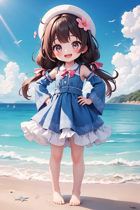 masterpiece,best quality,absurdres,(chibi),masterpiece,best quality,dramatic, 1girl, solo, long hair, brown hair, detached sleeves, open mouth, smile, outdoors, water, sky, day, hand on hip, hair ornament, pointing, cloud, ocean, dress, blush, blue dress, wading, blue sky, bow, standing, :d, frills, beach, bangs, barefoot, hair flower, skirt, ^_^, facing viewer, bowtie, teeth,<lora:GoodHands-vanilla:1>,