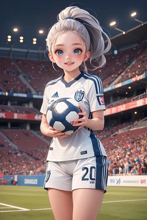 ((best quality)),((masterpiece)),(detailed),chibi,beautiful:1.2, (cute:1.3) (curvy:0.7), female soccer player in a crowded stadium, soccer ball, (smiling:0.7), detailed skin, (realistic skin:1.2), (freckles:0.9), blue eyes, full lips, broad cheek, masterpiece, ultra realistic, realistic light, (saturation),  <lora:GoodHands-vanilla:1>,