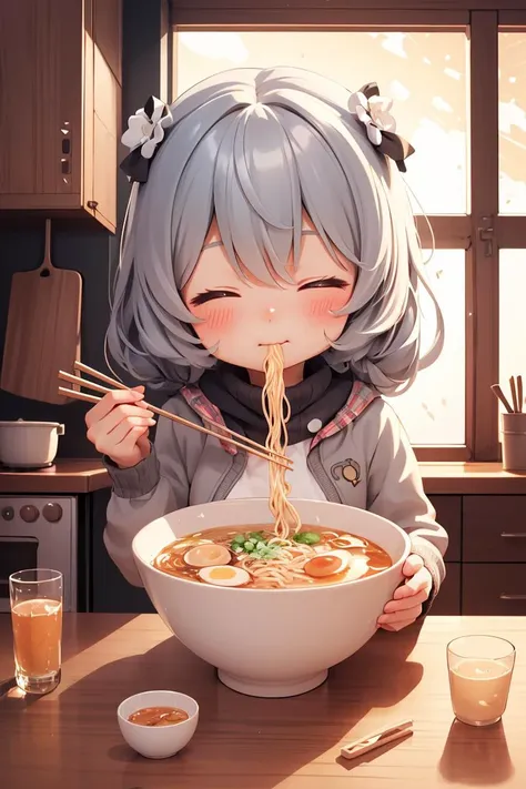 Cowboy Shot,beautiful and detailed illustration,pop art,masterpiece,best quality,ultra-detailed,soft lighting, 1girl,chibi, solo, cute face, kawaii, ramen, chopsticks, drinking glass, eating, heart, happy, closed eyes, closed mouth, <lora:ramen_v1.4:0.9>, kitchen,<lora:GoodHands-vanilla:1>,