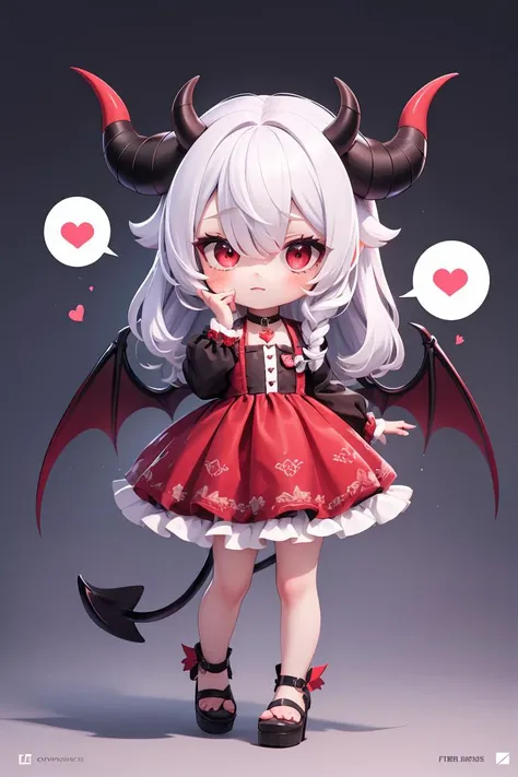 cowboy shot,masterpiece, best quality, absurdres,  (Evil Castle background:1.2), colorful, 1girl, chibi,solo, red eyes, white hair, long hair, hair over one eye, detailed eyes, wide-eyed, eyelashes, looking at viewer, full body, demon horns , bat wings, dress, hand up, demon tail, particles, cute,spoken heart, (red theme:1),<lora:GoodHands-vanilla:1>,