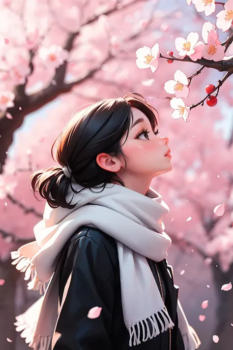 chibi,sam yang,1girl,bird,black eyes,black hair,blurry,blurry background,cherry blossoms,lips,long-tailed tit,looking up,medium hair,profile,scarf,solo,tit (bird),((masterpiece)),<lora:sam_yang_offset_right_filesize:0.8>,