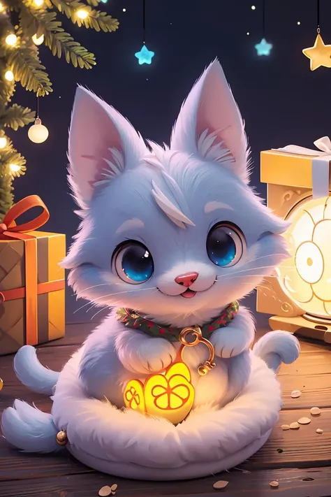 (Masterpiece, Best Quality:1.3),highres,fantasy,official art,animal,cryptids,grass,sky,scenery,(depth of field),Fuji 85mm,colorful,fairytale illustration,colored sclera,black eyes,perfect eyes,looking at viewer,happy,cute,no humans,(cinematic lighting:1.1),cat,chibi,whiskers,pawpads,claws,furry,plush,soft,full body,perfect,tail,christmas lights,christmas tree,christmas ornaments,food focus,warmth,<lora:Cryptids:0.8>,