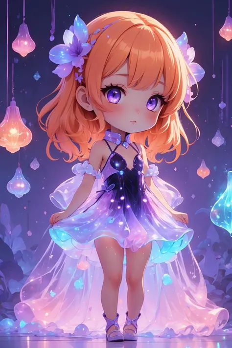 (masterpiece:1.4, best quality),1girl,chibi,solo,orange hair,purple eyes,<lora:bioluminescent_dress-1.0:1>, bioluminescent dress,