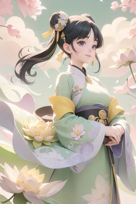 (masterpiece),(best quality),(ultra-detailed),1 8-year-old girl in hanfu,(chibi:1.2),smile,black hair,buns,long sleeves,brown eyes,(beautiful detailed face),(beautiful detailed eyes:1.16),floral patterns on the hanfu,skirt,closed mouth,light green and yellow and purple,bright morning light,<lora:lux lotus0.8>,(lotus leaves,lotus flowers:1.3),(outdoor,azure sky and white cloud:1.2),