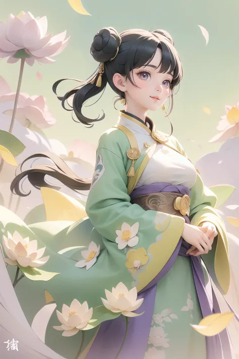 (masterpiece),(best quality),(ultra-detailed),1 8-year-old girl in hanfu,(chibi:1.2),smile,black hair,buns,long sleeves,brown eyes,(beautiful detailed face),(beautiful detailed eyes:1.16),floral patterns on the hanfu,skirt,closed mouth,light green and yellow and purple,bright morning light,<lora:lux lotus0.8>,(lotus leaves,lotus flowers:1.3),(outdoor,azure sky and white cloud:1.2),